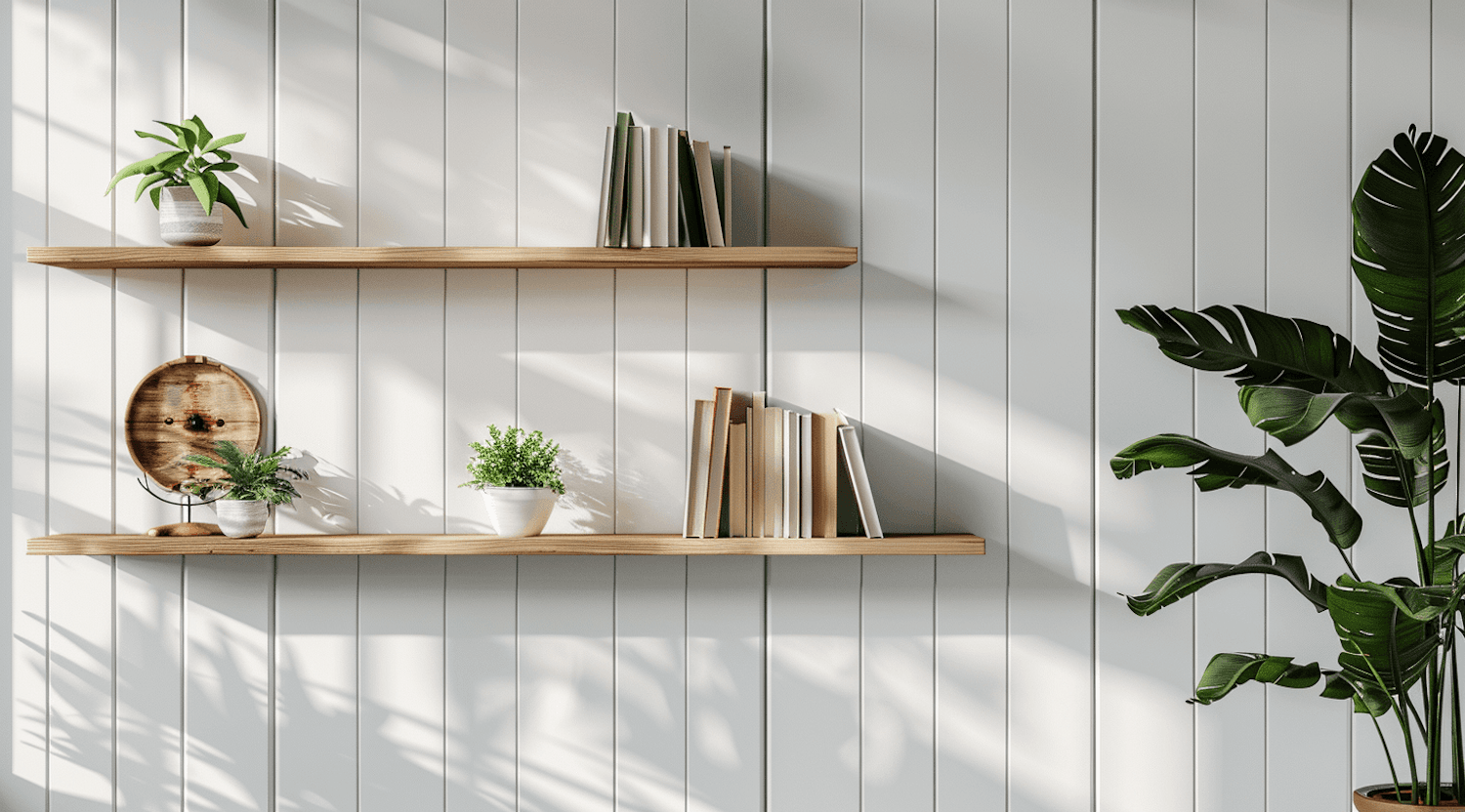 Books and plants on wooden shelves in soft daylight