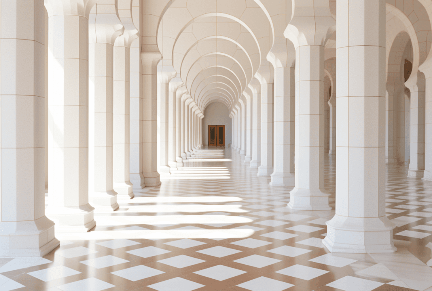 Sunlit corridor of white arches and columns